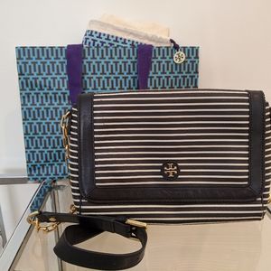 Tory Burch Stripped Leather Trim Crossbody Bag